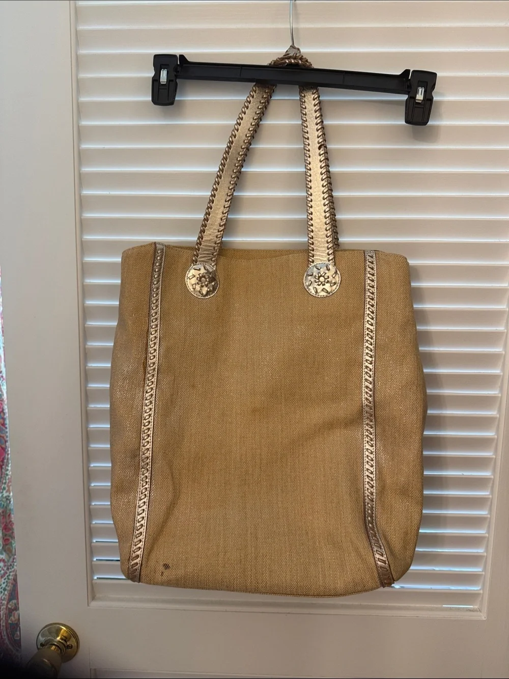Jack Rogers Tan Canvas Tote with Metallic Medallion Accents
